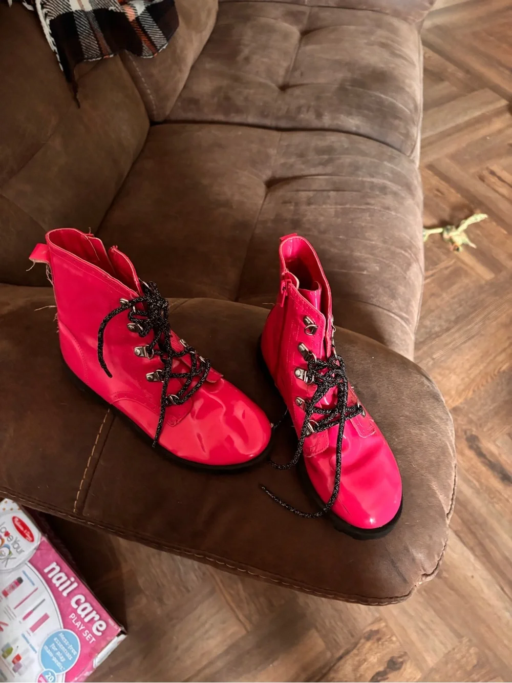 Melissa Hot Pink Patent Lace-Up Boots with Black Laces
